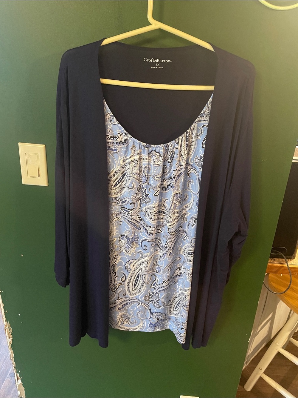 croft & barrow Navy Open-Front Cardigan with Light Blue Paisley Shell Size 3X